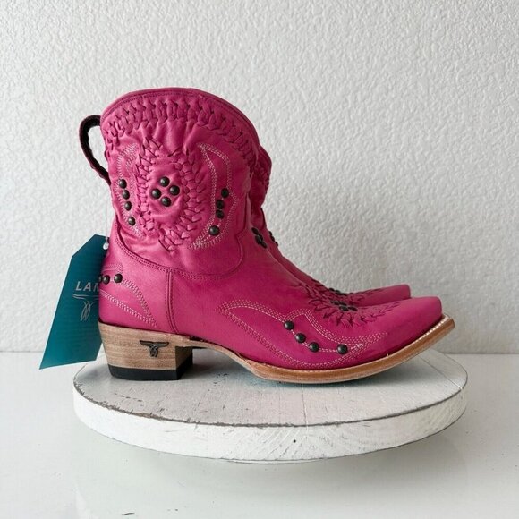 Lane COSSETTE Womens Cowboy Bootie 7.5 Pink Leather Western Short Ankle Boots - Picture 3 of 13